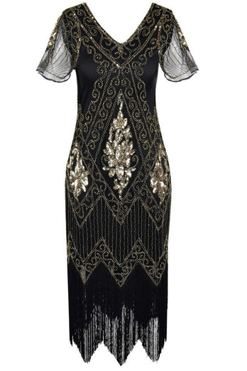 Czarna Damska Wielki Gatsby Sukienka z Frędzlami Lata 20