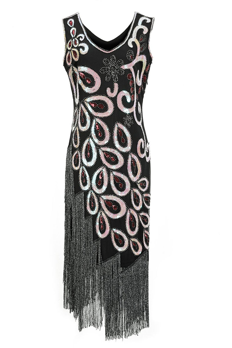 Załaduj obraz do przeglądarki galerii, Czarna Sukienki Lata 20 z Cekinami
