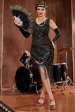 Czarny dekolt w serek Fringe Sequins Gatsby 1920s Flapper Dress