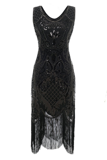 Czarna sukienka Lata 20 z dekoltem w serek
