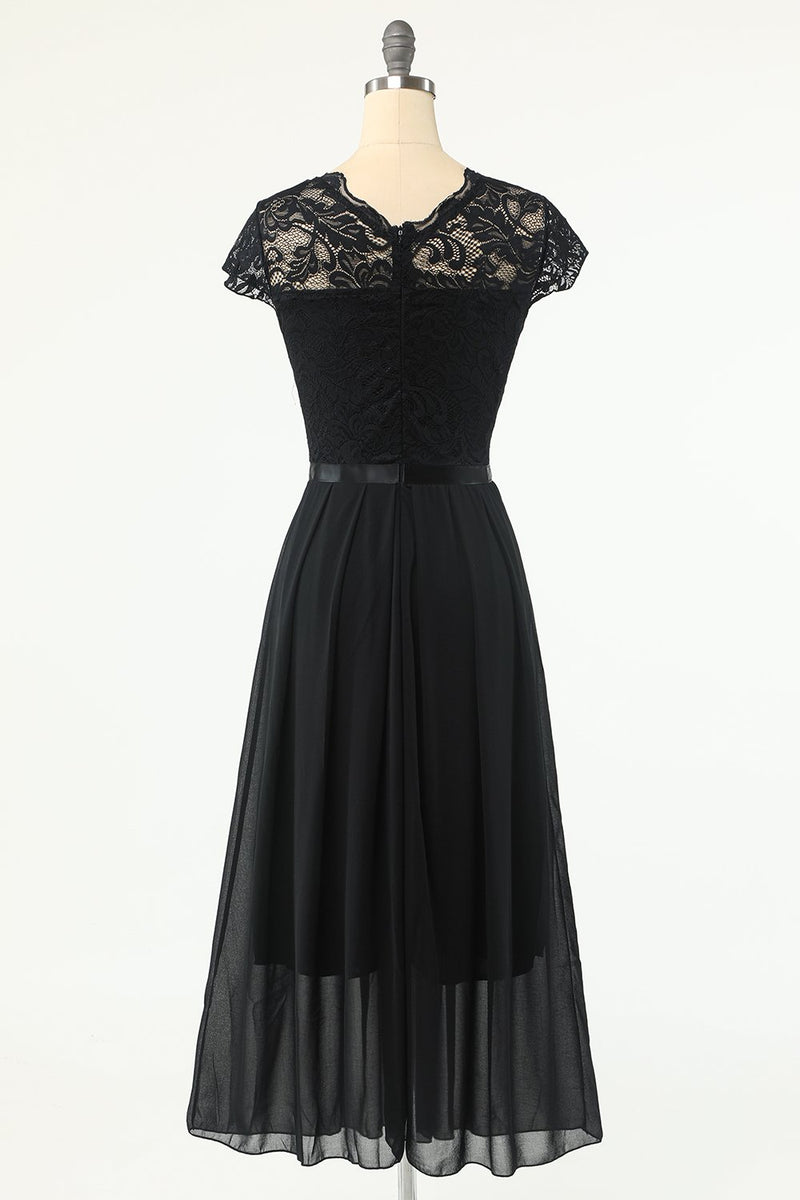 Załaduj obraz do przeglądarki galerii, Klasyczna czarna sukienka imprezowa A Line z koronką