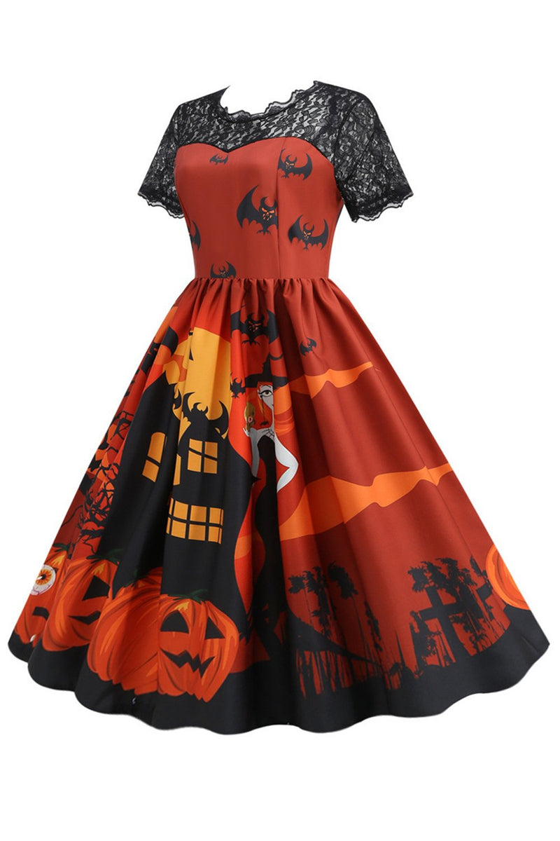 Załaduj obraz do przeglądarki galerii, Pomarańczowa sukienka Halloween Vintage z koronką