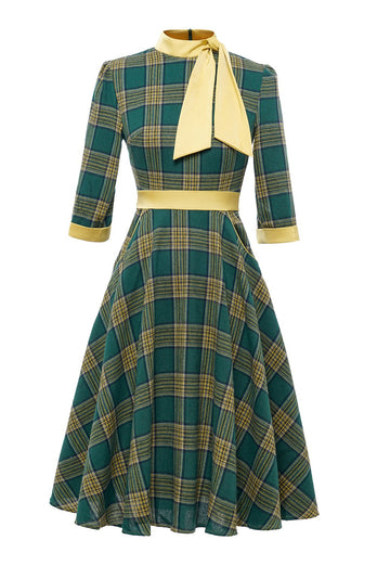 Zielona krata Vintage 1950s Sukienka z kokardką