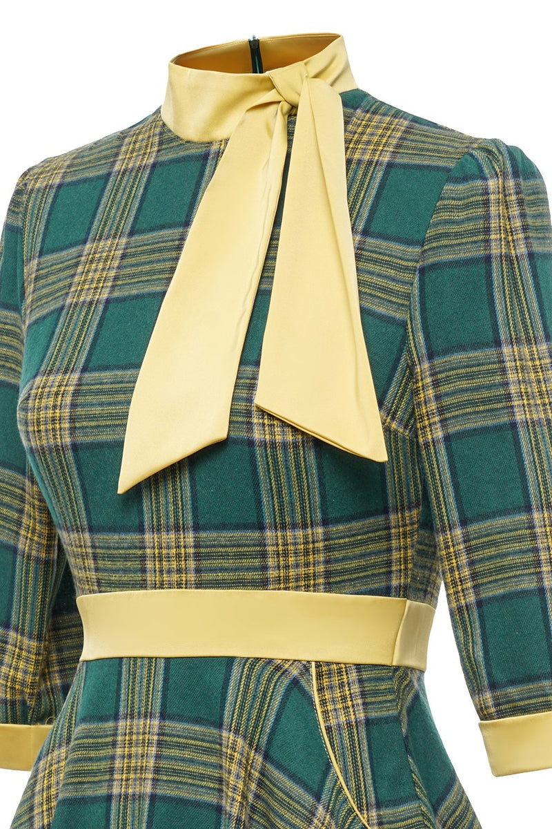 Załaduj obraz do przeglądarki galerii, Zielona krata Vintage 1950s Sukienka z kokardką