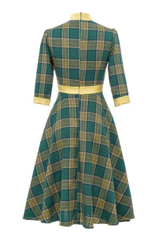 Zielona krata Vintage 1950s Sukienka z kokardką