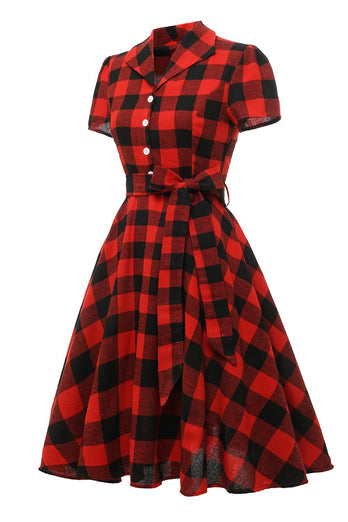 Czerwona Sukienka Vintage w Kratkę