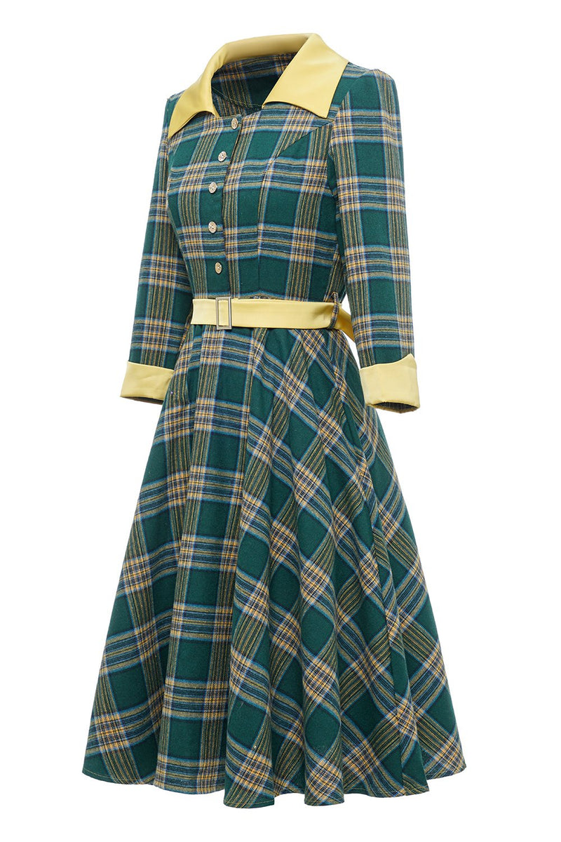 Załaduj obraz do przeglądarki galerii, Zielona sukienka w kratę w stylu vintage