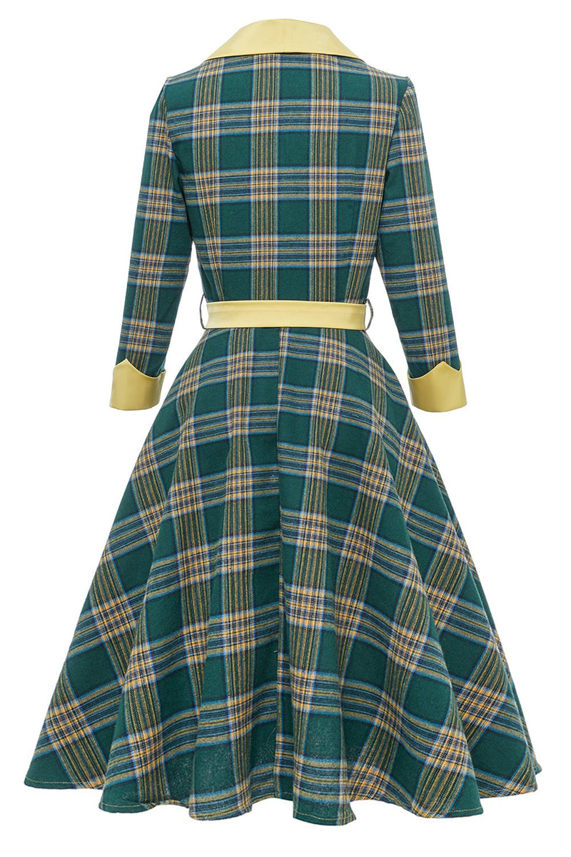 Załaduj obraz do przeglądarki galerii, Zielona sukienka w kratę w stylu vintage