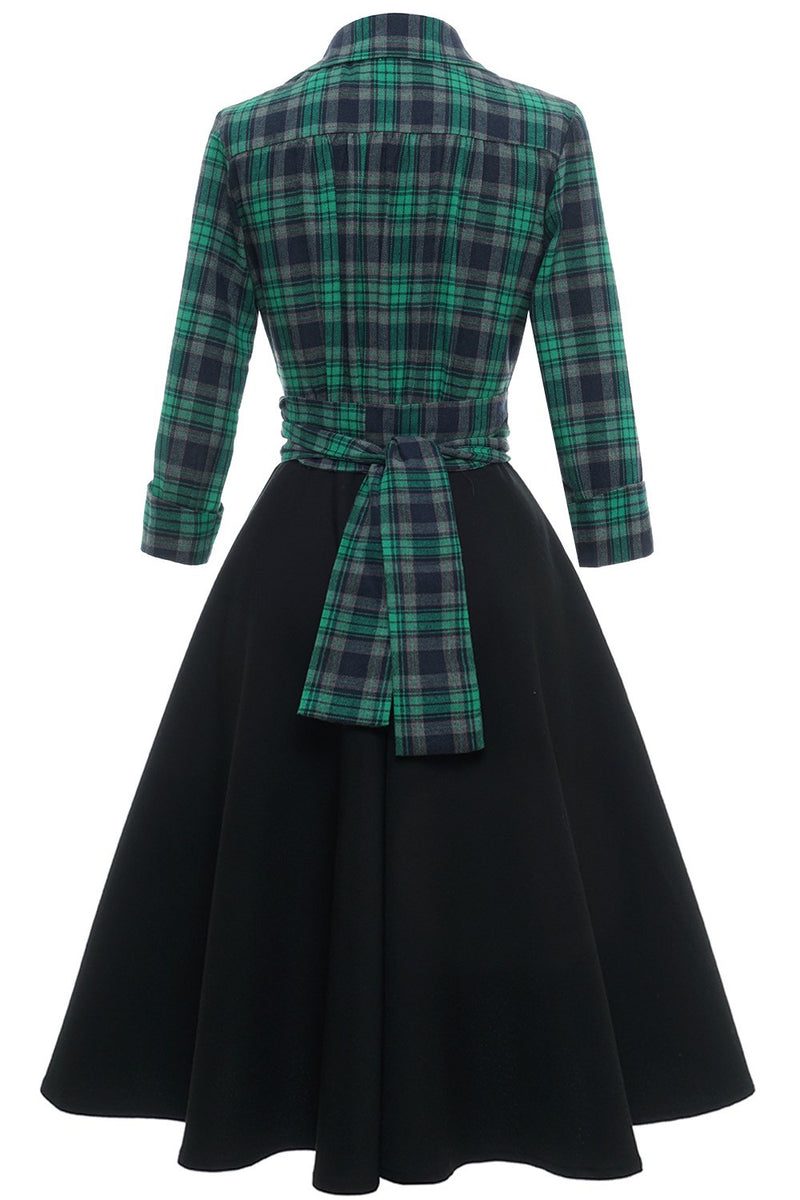 Załaduj obraz do przeglądarki galerii, Zielona sukienka w kratę vintage z długim rękawem