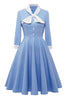 Załaduj obraz do przeglądarki galerii, Niebieska sukienka na guziki Vintage z kokardką