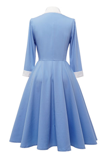 Niebieska sukienka na guziki Vintage z kokardką