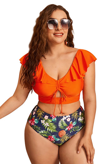 Plus Size Orange Kwiatowe Bikini