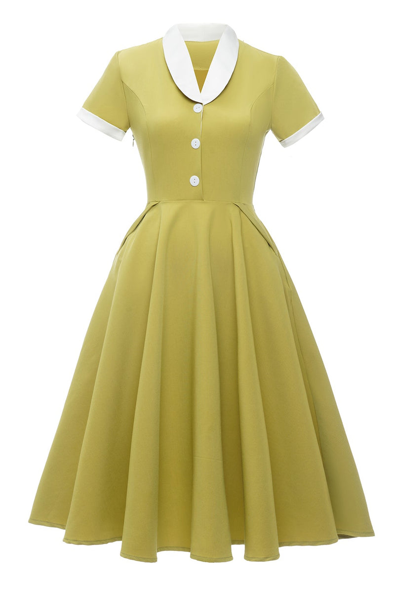 Załaduj obraz do przeglądarki galerii, Żółta Sukienka Vintage z Krótkim Rękawem