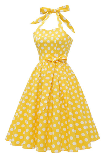 Żółta Sukienki Vintage W Groszki