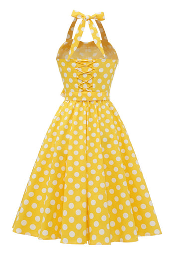 Żółta Sukienki Vintage W Groszki