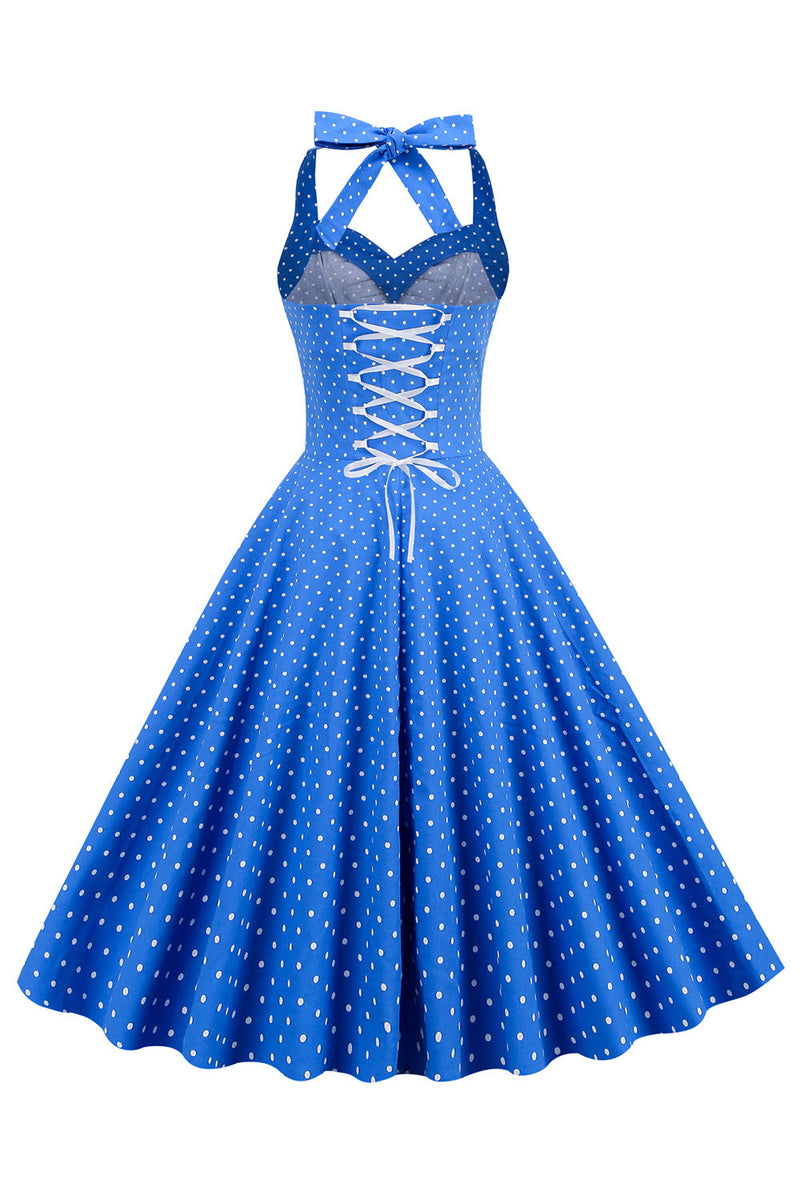 Załaduj obraz do przeglądarki galerii, Niebieska Sukienka Pin Up Lata 50 w Groszki
