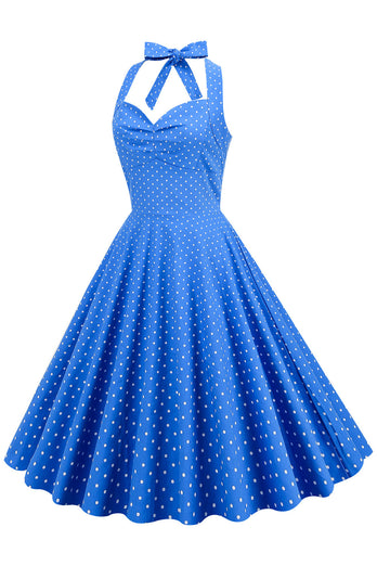 Niebieska Sukienka Pin Up Lata 50 w Groszki
