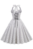 Niebieska Sukienka Pin Up Lata 50 w Groszki