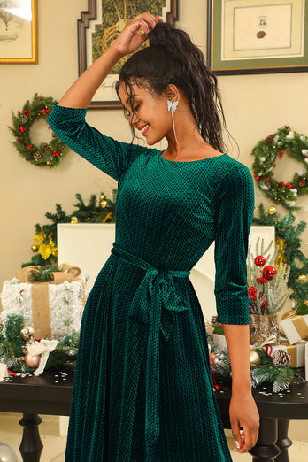 Zielona Aksamitna Sukienka Świąteczna z Okrągłym Dekoltem