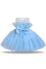 Załaduj obraz do przeglądarki galerii, Niebieska tiulowa sukienka w kwiaty w kształcie litery A z kokardą