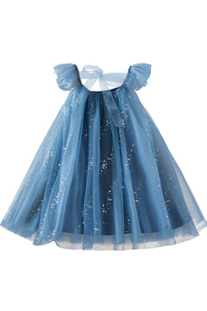 Błyszcząca niebieska tiulowa sukienka dla dziewczynki A Line