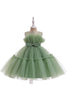 Załaduj obraz do przeglądarki galerii, Zielona tiulowa sukienka dla dziewczynki z okrągłym dekoltem i kokardą
