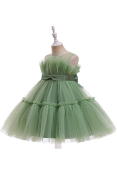 Zielona tiulowa sukienka dla dziewczynki z okrągłym dekoltem i kokardą
