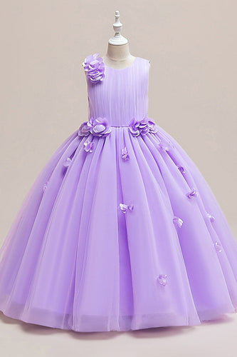 Fioletowa długa tiulowa sukienka bez rękawów z kwiatem 3D