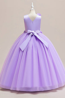 Fioletowa długa tiulowa sukienka bez rękawów z kwiatem 3D