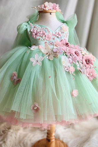 Zielona tiulowa sukienka dla dziewczynki z dekoltem w szpic z kwiatem 3D