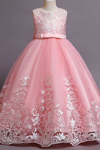 Różowa haftowana sukienka bez rękawów dla dziewczynki z kokardą
