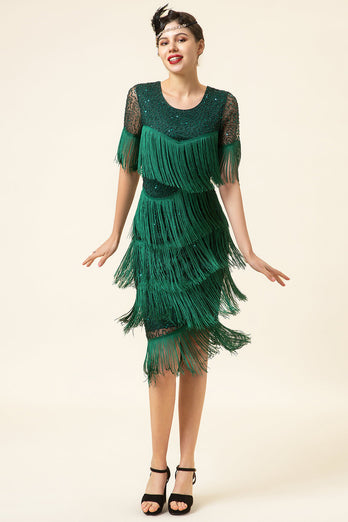 Zielona Sukienka Lata 20 Wielki Gatsby z Frędzlami z Koralikami