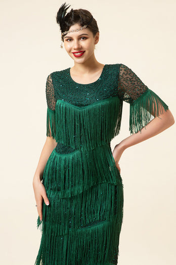 Zielona Sukienka Lata 20 Wielki Gatsby z Frędzlami z Koralikami