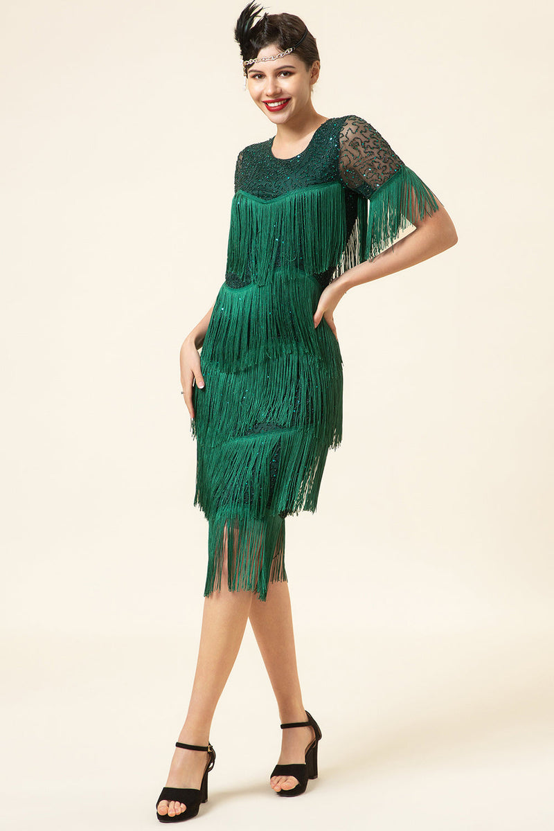 Załaduj obraz do przeglądarki galerii, Zielona Sukienka Lata 20 Wielki Gatsby z Frędzlami z Koralikami