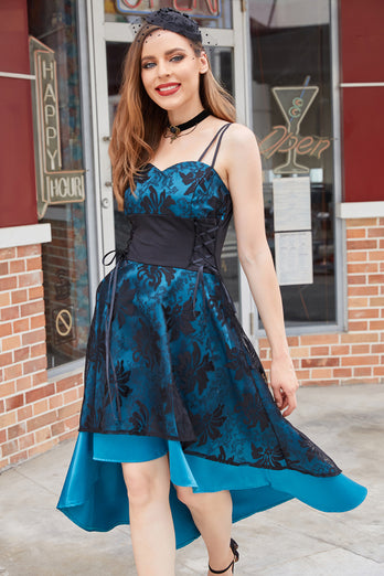 Niebieska Asymetryczne Sukienka Lata 50 z Koronki
