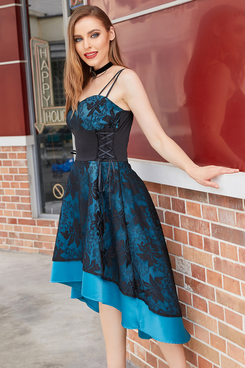 Załaduj obraz do przeglądarki galerii, Niebieska Asymetryczne Sukienka Lata 50 z Koronki