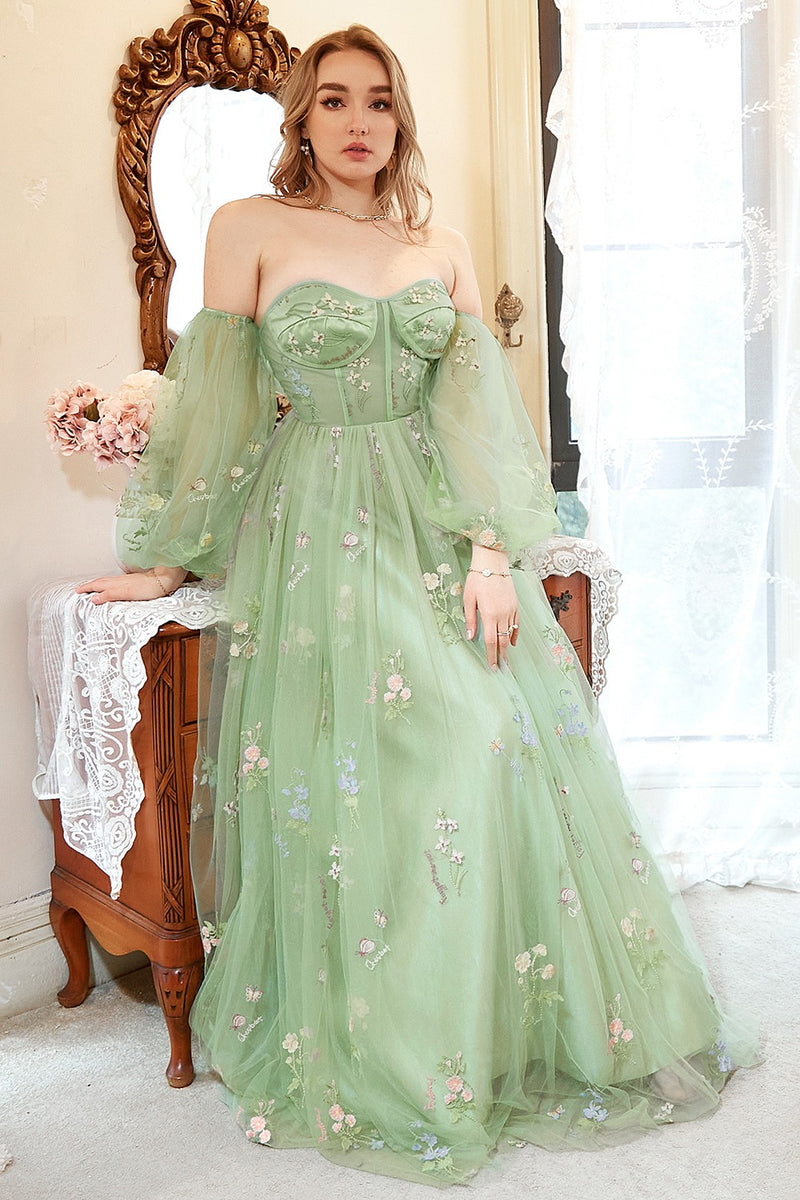 Załaduj obraz do przeglądarki galerii, Plus Size Tiulowa Zielona Sukienka Na Studniówkę z Haftem