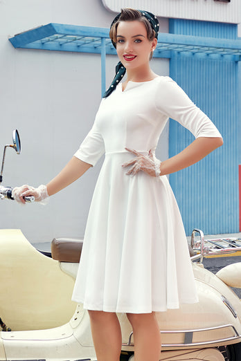 Biała Sukienki Lata 50 Z Rekawem