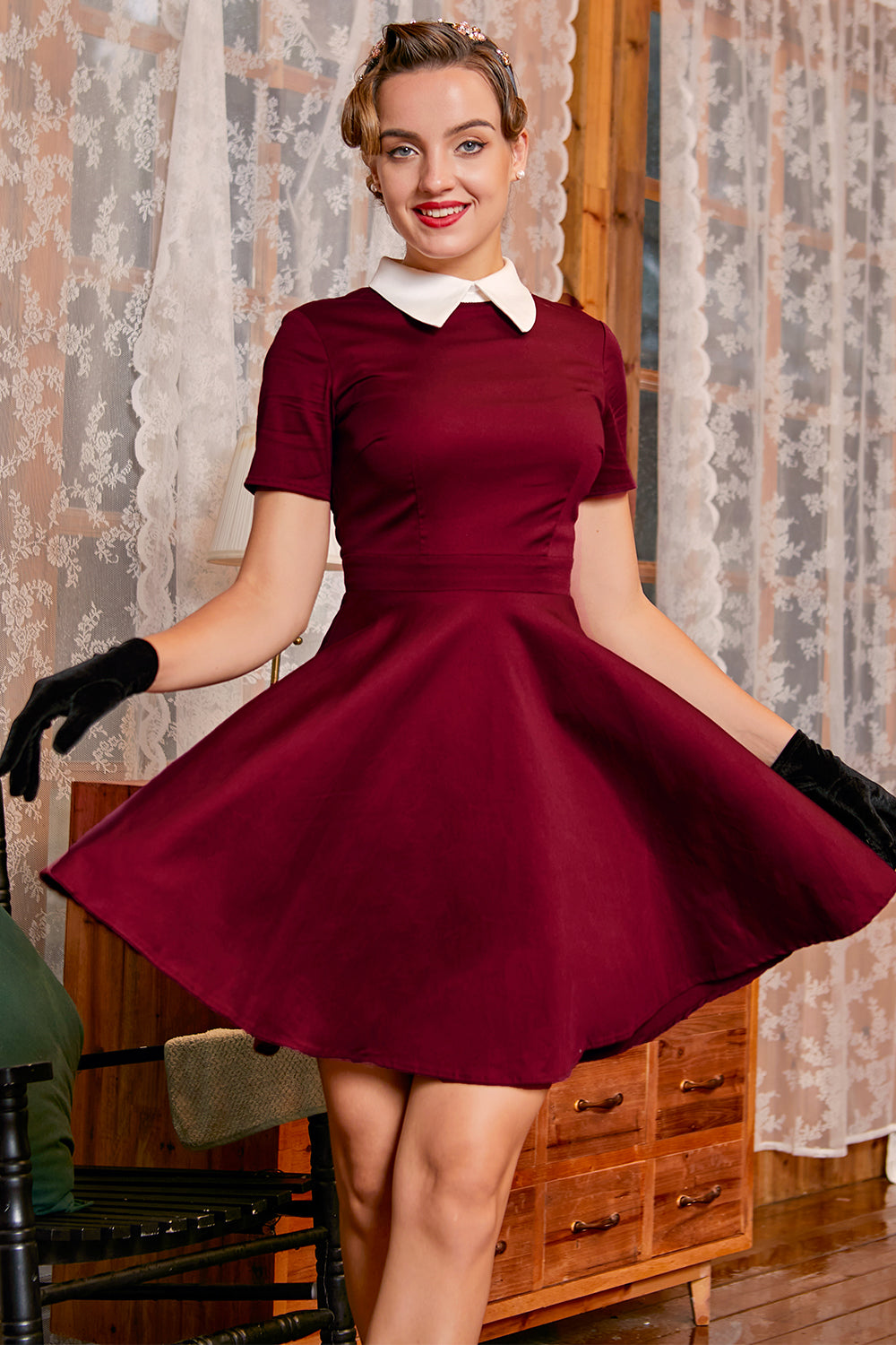Burgundowa Sukienka Piotruś Pan w stylu lat 50-tych 