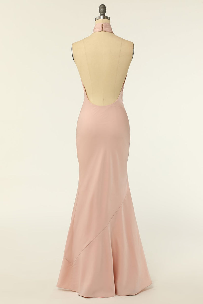 Załaduj obraz do przeglądarki galerii, Syrenka Halter Pudrowy Róż Długa Suknia Druhny z Plecami