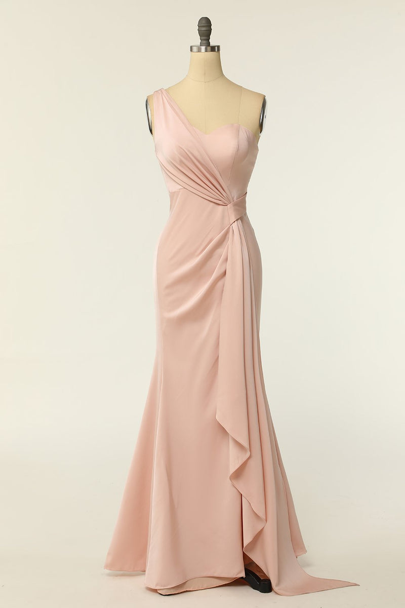 Załaduj obraz do przeglądarki galerii, Syrenka Na jedno ramię Róż Długa suknia druhny z marszczeniami