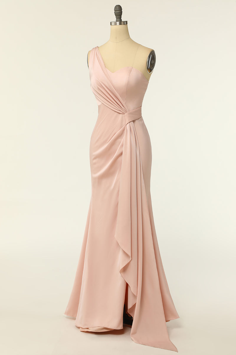 Załaduj obraz do przeglądarki galerii, Syrenka Na jedno ramię Róż Długa suknia druhny z marszczeniami