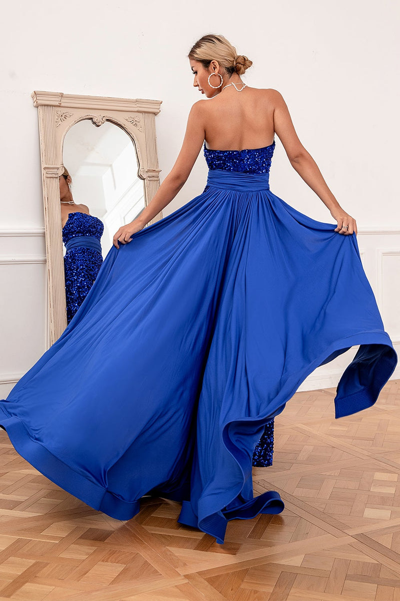 Załaduj obraz do przeglądarki galerii, Królewska Niebieska Sukienka Cekinowe na Studniówkę Bez Ramiączek