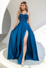 Załaduj obraz do przeglądarki galerii, Niebieska sukienka na studniówkę z ramiączkami spaghetti z koronką