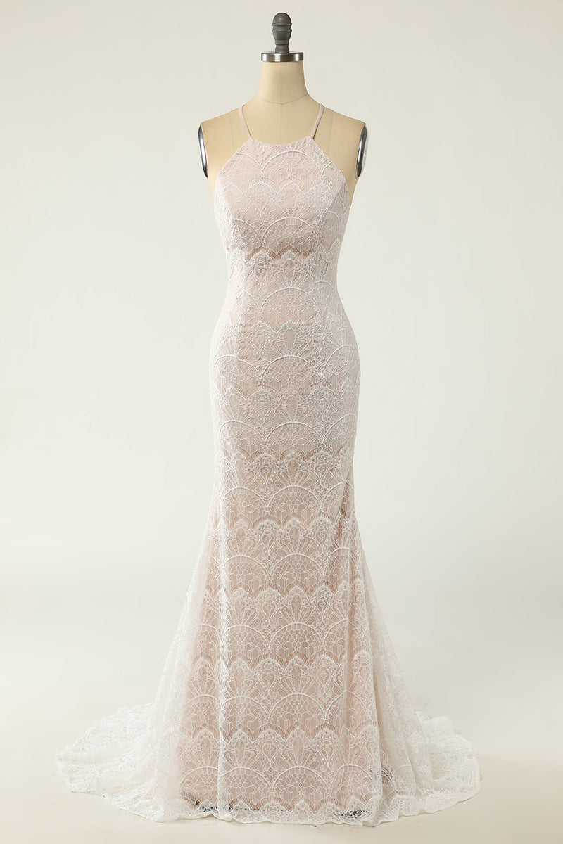 Załaduj obraz do przeglądarki galerii, Syrenka Halter Biała koronkowa suknia ślubna