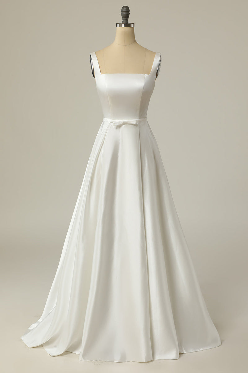 Załaduj obraz do przeglądarki galerii, Prosta linia kwadratowa szyja Biała długa suknia ślubna