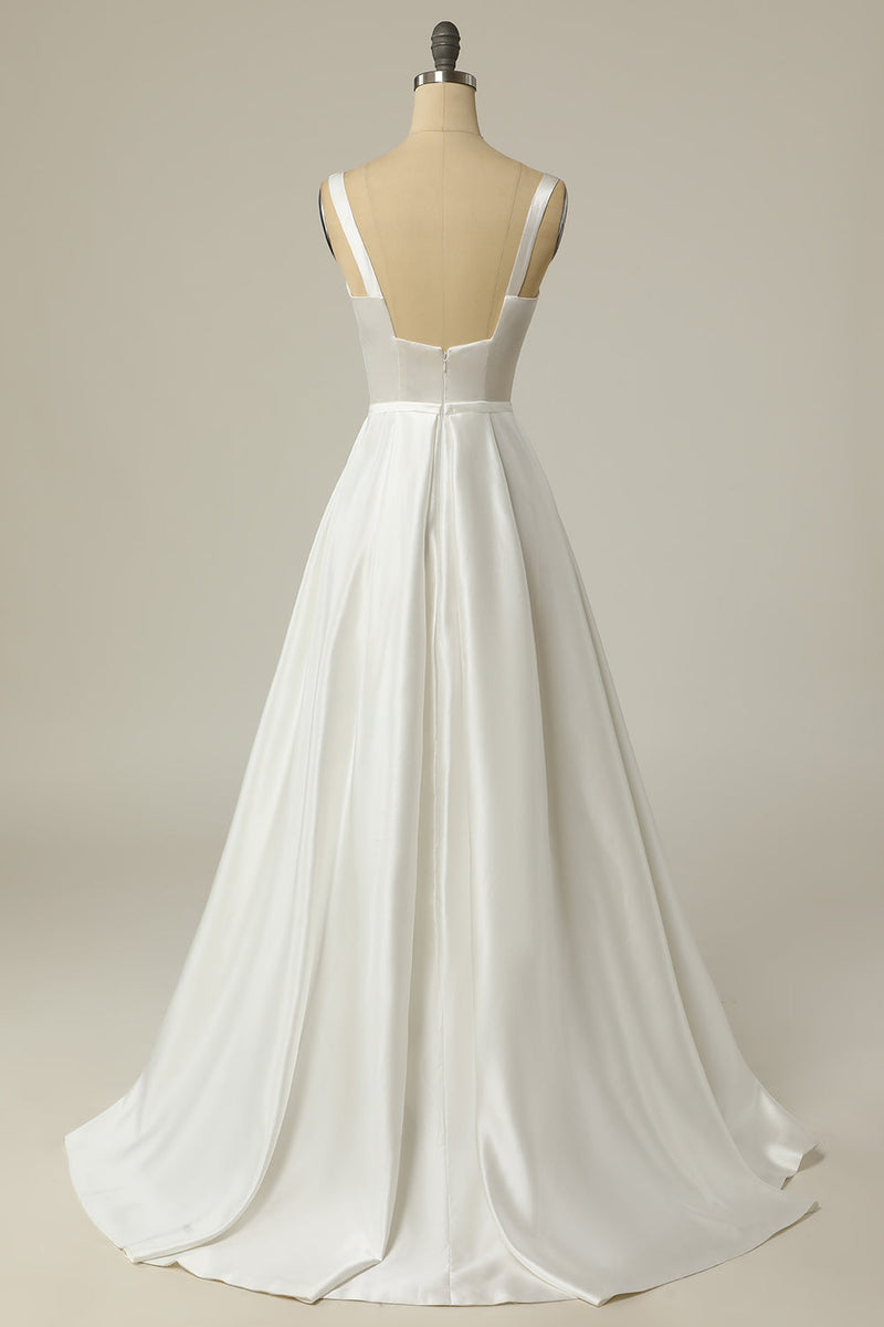 Załaduj obraz do przeglądarki galerii, Prosta linia kwadratowa szyja Biała długa suknia ślubna