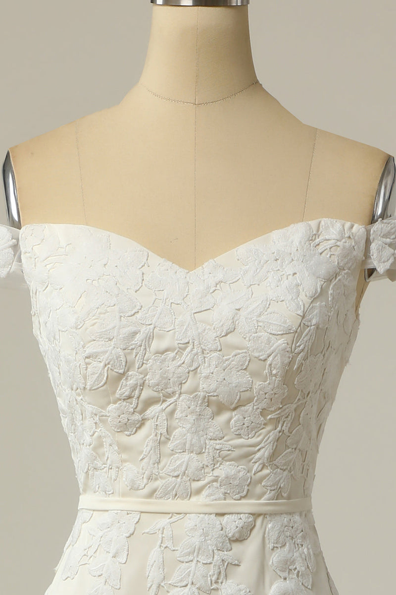 Załaduj obraz do przeglądarki galerii, Syrenka z ramion Biała suknia ślubna z aplikacjami
