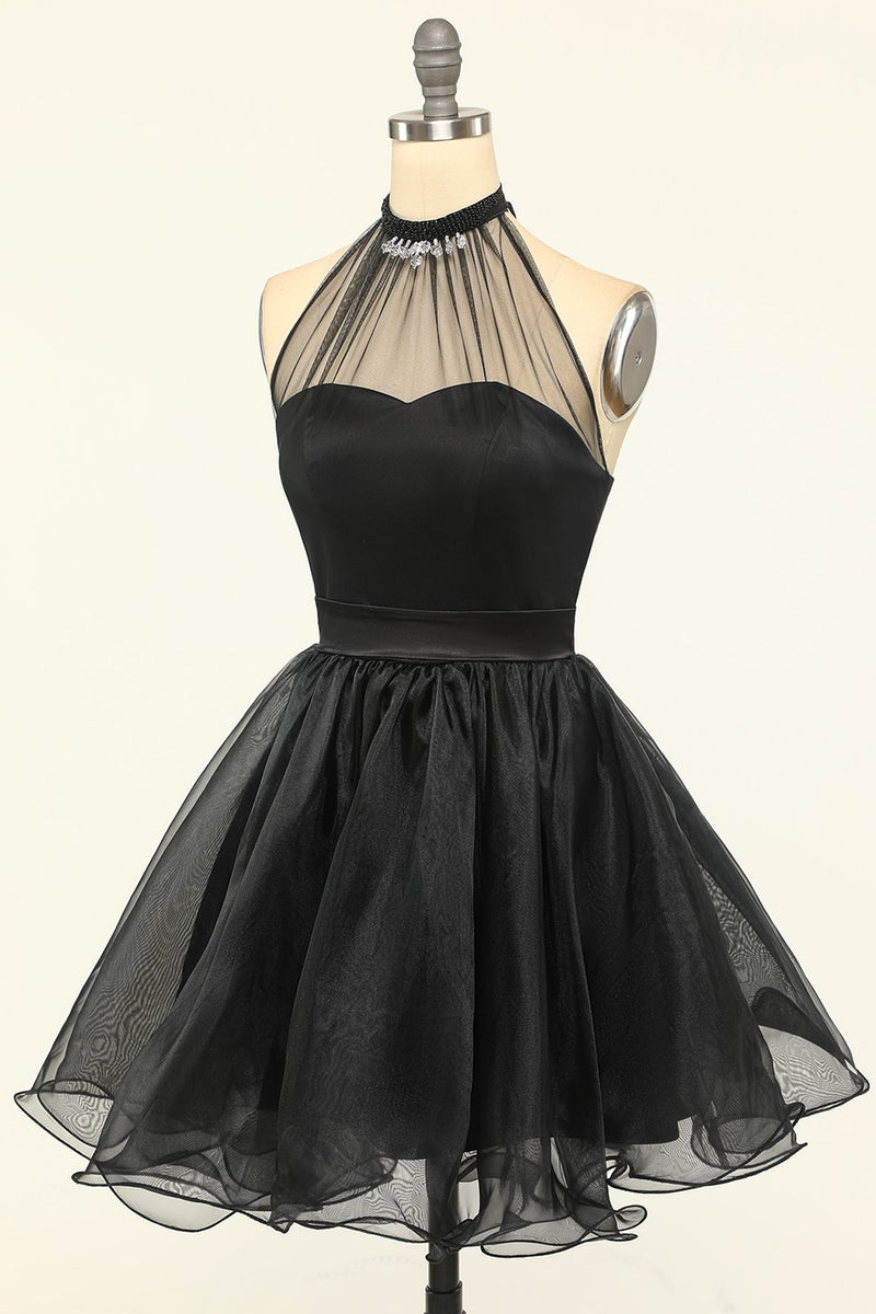Załaduj obraz do przeglądarki galerii, Halter Black Tulle Krótka sukienka na studniówkę