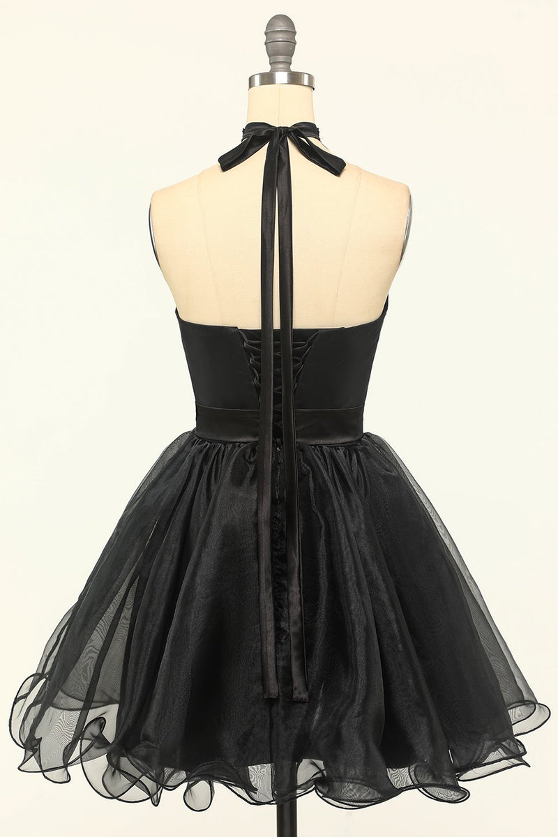 Załaduj obraz do przeglądarki galerii, Halter Black Tulle Krótka sukienka na studniówkę